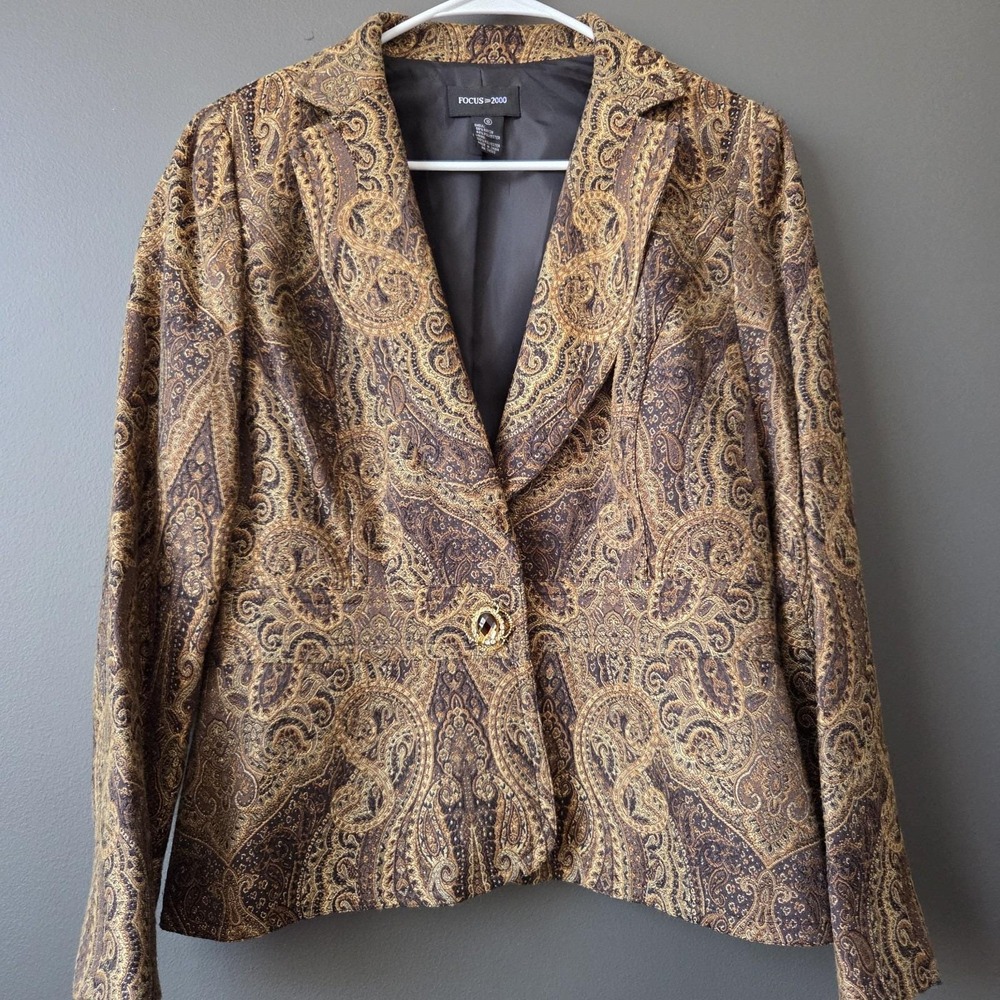 Vtg Focus 2000 Women's Size 10 Jacquard Tapestry Blazer Jacket Brown Gold Brooch
